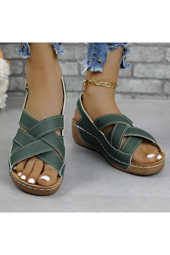 Wedge Sandals for Women Comfortable Sandals for Women Hiking Comfort Stretchy Beach Sandals Hook& Loop Shoes Mid Heel (2"-3") Wide Solid Sandals for Ladies Mother's Day Gifts Prime Green