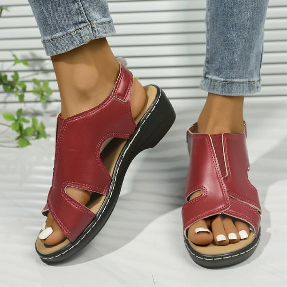 WIZUTIZ Wedge Sandals for Women Comfortable Sandals for Women Stretch Gym Comfortable Beach Sandals Pull-On Summer Shoes Flat Heel (O"-1) Wide Solid Sandals for Ladies Anniversary Red