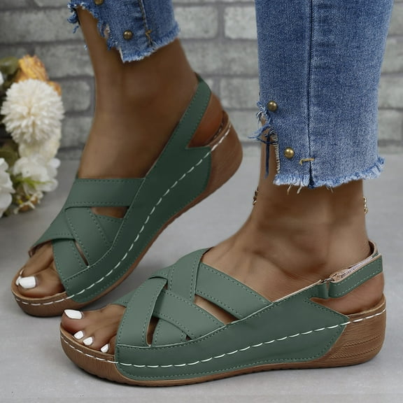 WIZUTIZ Wedge Sandals for Women Dress Sandals for Women Comfortable Hiking Stretchy Beach Sandals Buckle Round Toe Summer Shoes Mid Heel (2"-3") Medium Solid Sandals Daily Get It Today Green