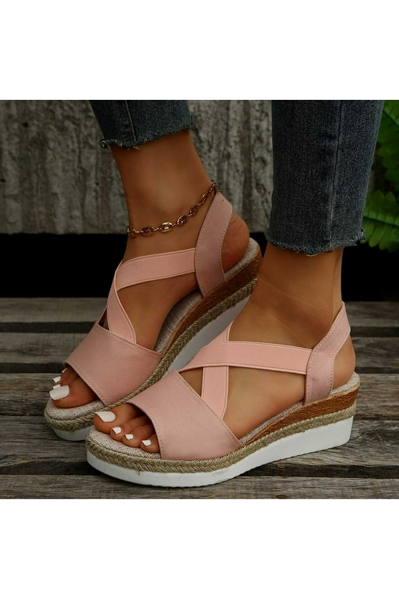 Wedge Sandals for Women Dress Sandals for Women Sports Comfort Elastic Beach Sandals Pull-On Round Toe Summer Shoes Flat Heel (O"-1) Wide Solid Sandals for Older Women Party Pink