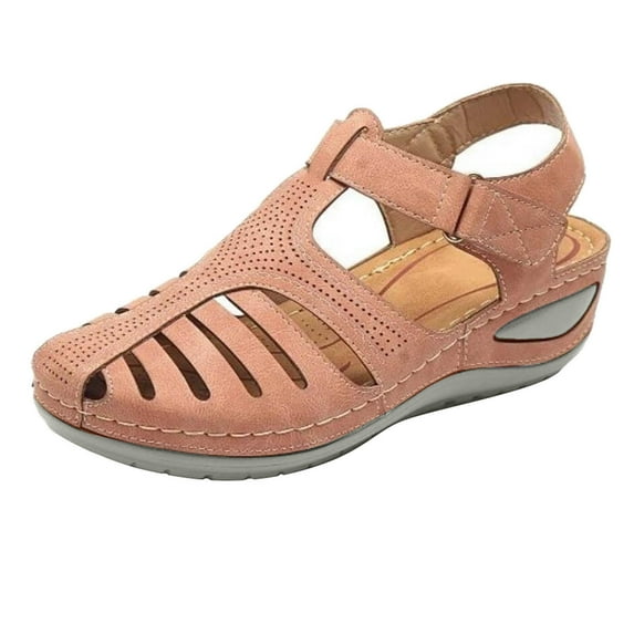 WIZUTIZ Wedge Sandals for Women Dressy Sandals Women Comfort Gym Stretchy Hollow Out Sandals Pull-On Round Toe Summer Shoes Mid Heel (2"-3") Medium Solid Sandals for Lady Anniversary Weekly Deals Pink