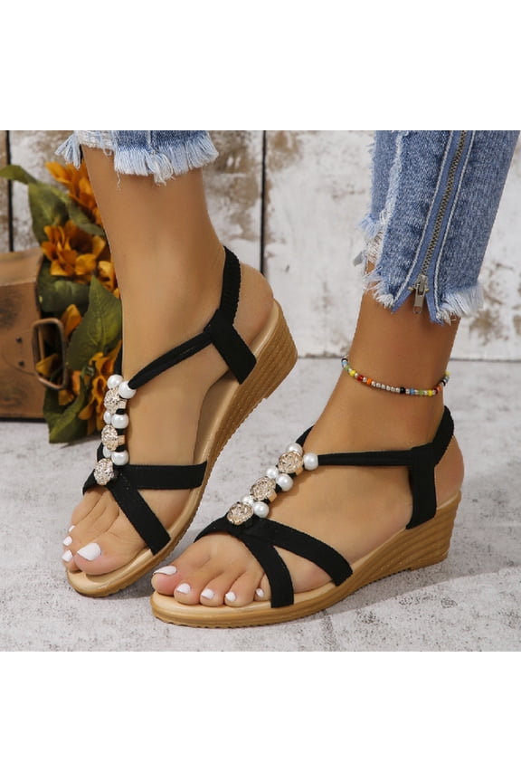 Wedge Sandals for Women Dressy Sandals Women Elastic Workout Comfort Jeweled Sandals Pull-On Round Toe Summer Shoes Flat Heel (O"-1) Wide Solid Sandals for Lady Party Black