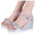 thumbnail image 1 of WIZUTIZ Wedge Sandals for Women Dressy Sandals Women Gym Comfort Stretchy Flowers Jeweled Sandals Buckle Summer Shoes Flat Heel (O"-1) Wide Solid Sandals for Older Women Mother's Day Gifts Silver, 1 of 2
