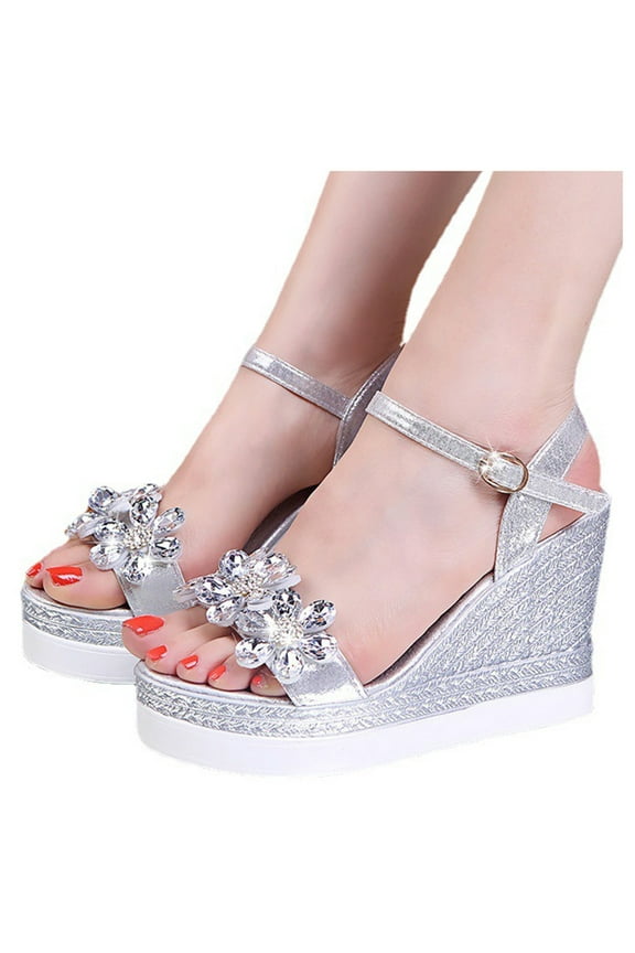 Wedge Sandals for Women Dressy Sandals Women Gym Comfort Stretchy Flowers Jeweled Sandals Buckle Summer Shoes Flat Heel (O"-1) Wide Solid Sandals for Older Women Mother's Day Gifts Silver