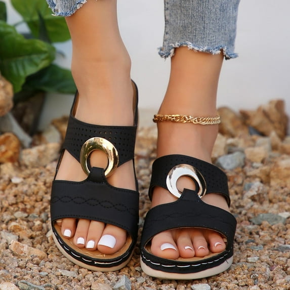 WIZUTIZ Wedge Sandals for Women Hiking Sandals Women Athletic Comfort Stretchy Beach Sandals Pull-On Round Toe Shoes Flat Heel (O"-1) Medium Solid Sandals Mother's Day Gifts Items Black