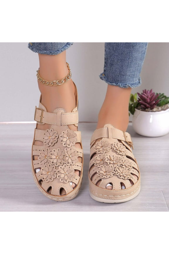 Wedge Sandals for Women Hiking Sandals Women Athletic Comfortable Elastic Flowers Sandals Pull-On Round Toe Shoes Mid Heel (2"-3") Medium Solid Sandals School Free Shipping Beige