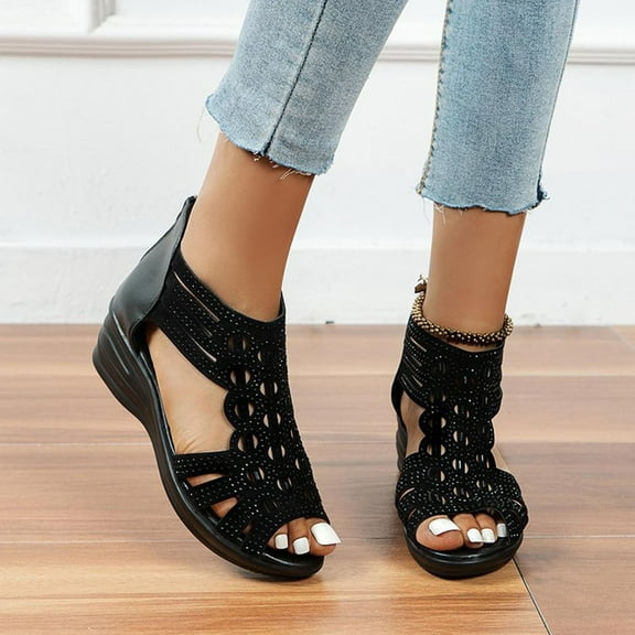 WIZUTIZ Wedge Sandals for Women Hiking Sandals Women Comfort Soft Stretch Shimmer Jeweled Sandals Pull-On Summer Shoes Low Heel (1"-2") Medium Solid Sandals for Ladies Anniversary Black