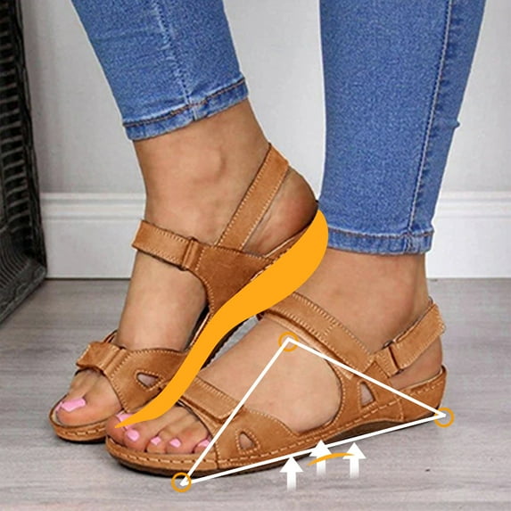 WIZUTIZ Wedge Sandals for Women Hiking Sandals Women Elastic Vintage Comfort Hollow Out Sandals Hook& Loop Summer Shoes Low Heel (1"-2") Wide Solid Sandals for Lady Mother's Day Gifts Yellow