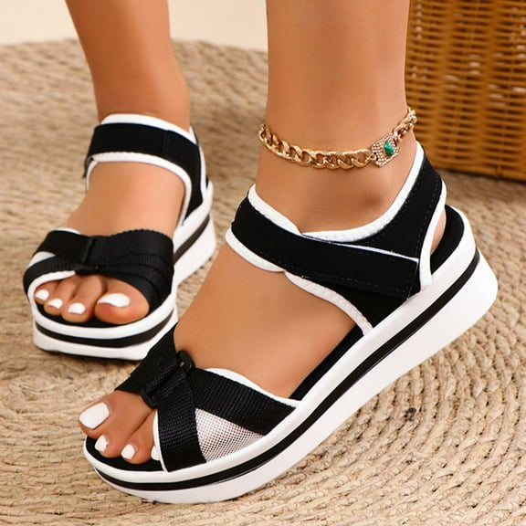 WIZUTIZ Wedge Sandals for Women Hiking Sandals Women Party Comfortable Stretch Beach Sandals Pull-On Round Toe Summer Shoes Mid Heel (2"-3") Medium Color Block Sandals Holiday Black