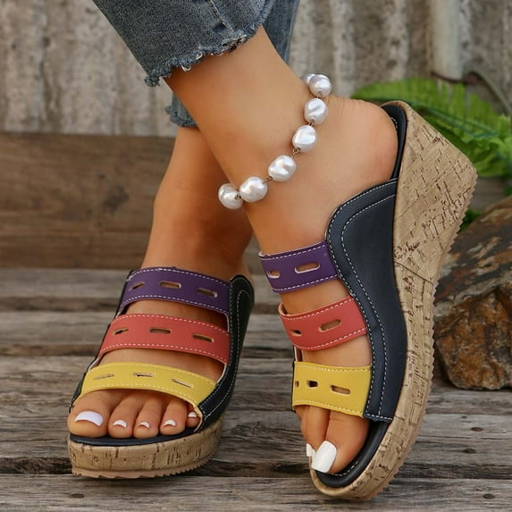 WIZUTIZ Wedge Sandals for Women Hiking Sandals Women Party Comfortable Stretchy Beach Sandals Pull-On Summer Shoes Mid Heel (2"-3") Medium Color Block Sandals for Older Women 4th of July Gifts Black