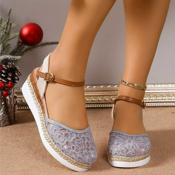 WIZUTIZ Wedge Sandals for Women Hiking Sandals Women Prom Comfortable Stretchy Beach Sandals Pull-On Summer Shoes Flat Heel (O"-1) Wide Solid Sandals for Older Women School Gray