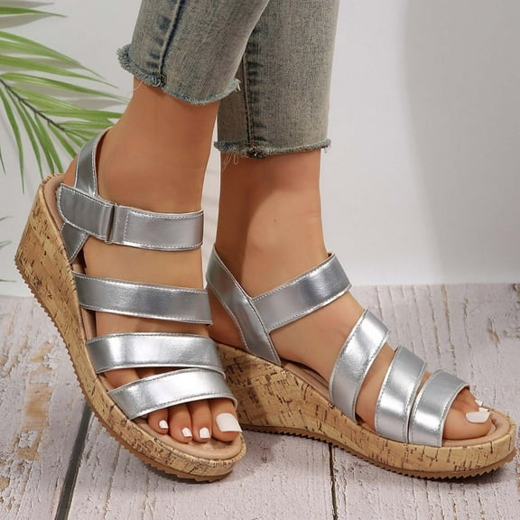 WIZUTIZ Wedge Sandals for Women Sandals for Women 2025 Running Comfortable Stretchy Beach Sandals Pull-On Summer Shoes Mid Heel (2"-3") Medium Solid Sandals for Older Women School Silver