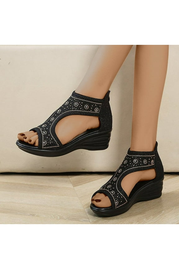 Wedge Sandals for Women Sandals for Women 2025 Soft Comfortable Elastic Beach Sandals Pull-On Shoes Low Heel (1"-2") Wide Solid Sandals for Older Women 4th of July Gifts Black