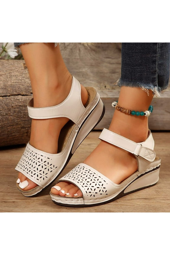 Wedge Sandals for Women Sandals Women Beach Comfortable Stretchy Hollow Out Sandals Buckle Round Toe Summer Shoes Low Heel (1"-2") Medium Solid Sandals Vacation Get It Today Beige