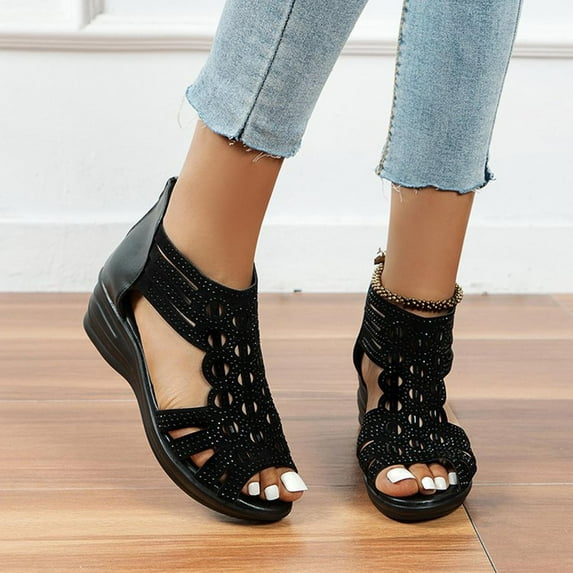 WIZUTIZ Wedge Sandals for Women Sandals Women Comfort Dating Stretchy Shimmer Jeweled Sandals Pull-On Round Toe Shoes Flat Heel (O"-1) Medium Solid Sandals for Ladies Daily Holiday Gift Finder Black