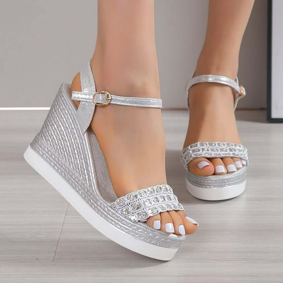 WIZUTIZ Wedge Sandals for Women Sandals Women Dating Comfort Stretchy Jeweled Sandals Buckle Round Toe Shoes Low Heel (1"-2") Wide Solid Sandals for Ladies Anniversary Summer Savings Silver