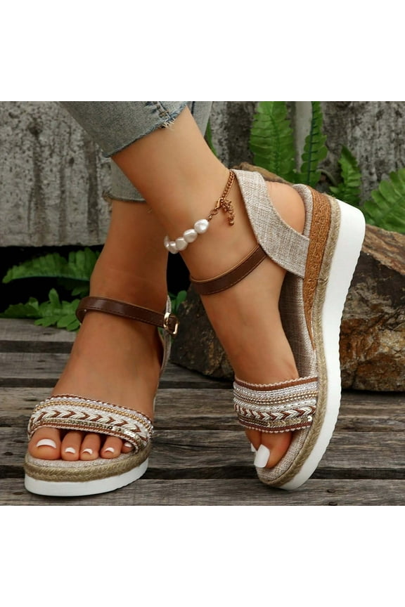 Wedge Sandals for Women Sandals Women Gym Comfortable Stretch Beach Sandals Pull-On Summer Shoes Low Heel (1"-2") Medium Solid Sandals for Older Women Mother's Day Gifts Beige
