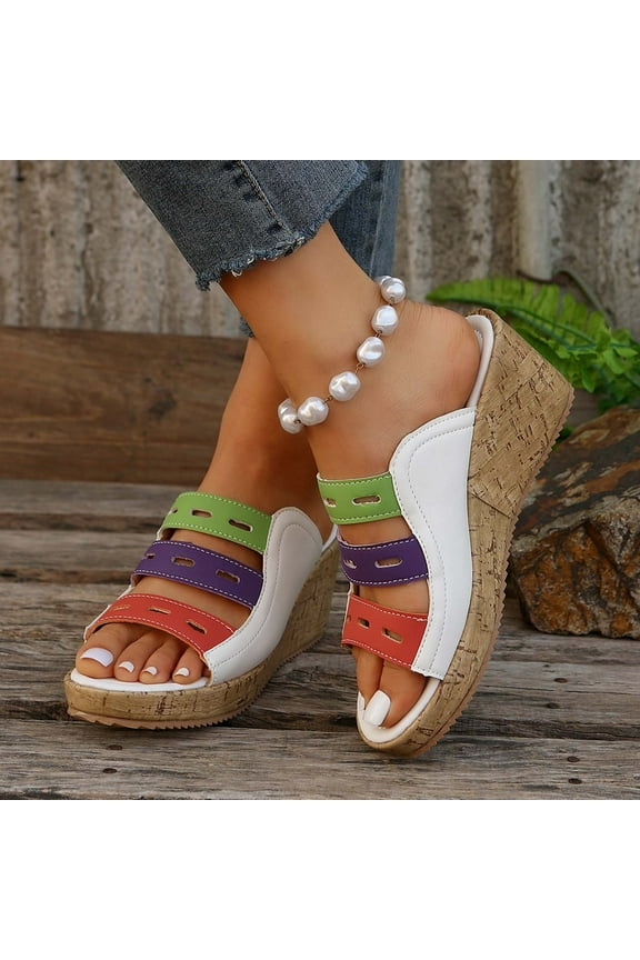Wedge Sandals for Women Sandals Women Workout Comfort Stretch Beach Sandals Pull-On Summer Shoes Low Heel (1"-2") Wide Color Block Sandals for Lady Mother's Day Gifts White