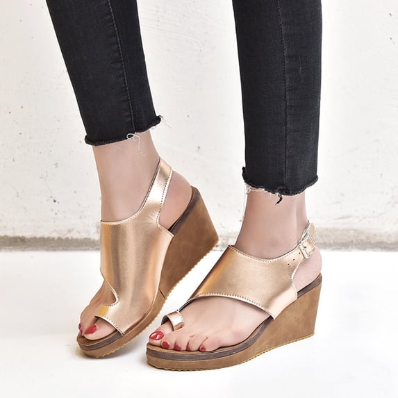 WIZUTIZ Wedge Sandals for Women Split Toe Platform Sandals Women Sandals for Women 2025 Dating Comfort Stretchy Beach Sandals Shoes Leopard Animal Print Sandals for Older Women 4th of July Gifts Gold