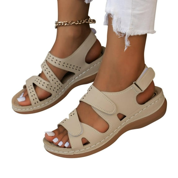 WIZUTIZ Wedge Sandals for Women Women's Sandals Comfort Trendy Stretchy Beach Sandals Pull-On Round Toe Shoes Flat Heel (O"-1) Wide Solid Sandals for Lady Holiday Holiday Gift Finder Beige