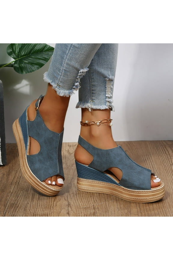 Wedge Sandals for Women Women's Sandals Comfortable Party Elastic Beach Sandals Buckle Round Toe Summer Shoes Mid Heel (2"-3") Wide Solid Sandals for Ladies Anniversary On-trend Low Spend Blue