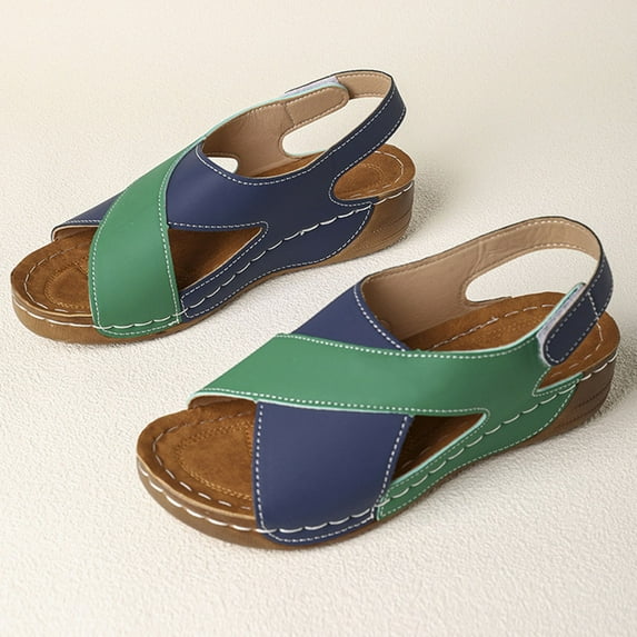 WIZUTIZ Wedge Sandals for Women Women's Sandals Comfortable Work Stretch Beach Sandals Hook& Loop Round Toe Shoes Flat Heel (O"-1) Wide Color Block Sandals for Ladies Vacation On-trend Low Spend Green