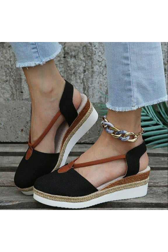 Wedge Sandals for Women Womens Dress Sandals Comfortable Beach Stretch Bow Tie Sandals Pull-On Summer Shoes Flat Heel (O"-1) Medium Color Block Sandals for Lady Travel Black