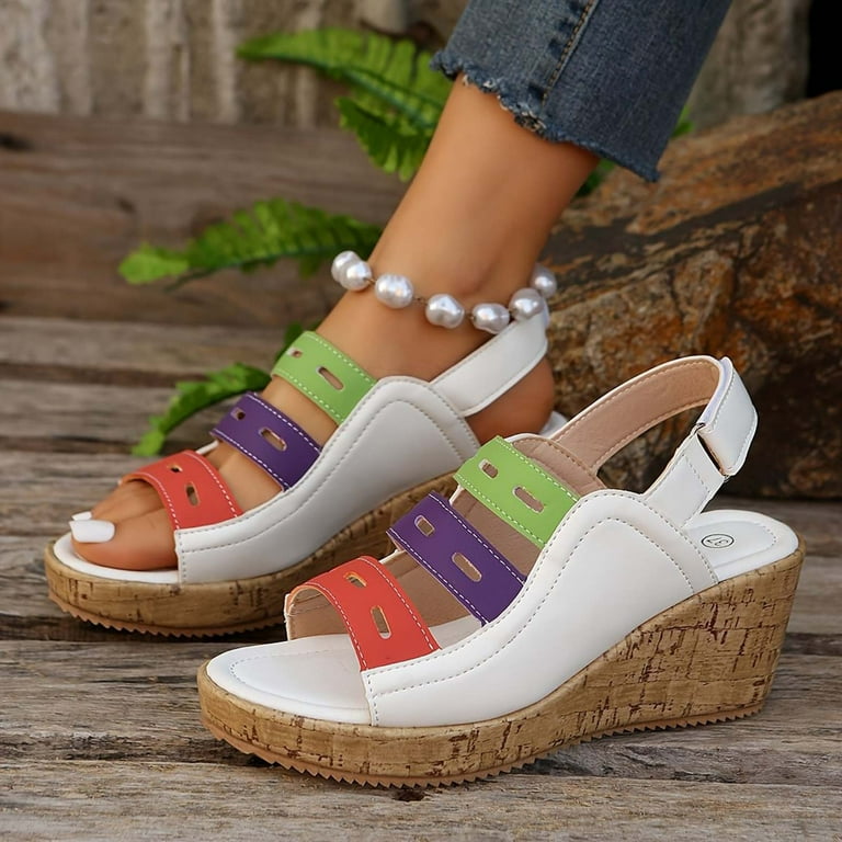 Wizutiz Wedge Sandals for Women Womens Dress Sandals Dressy Comfort Stretchy Beach Sandals Pull-On Summer Shoes Low Heel (1 inch-2 inch) Wide Color