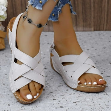 WIZUTIZ Wedge Sandals for Women Womens Dress Sandals Indoor Comfort Elastic Beach Sandals Hook& Loop Round Toe Shoes Low Heel (1"-2") Wide Solid Sandals for Lady Going Out On-trend Low Spend Beige
