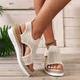 thumbnail image 1 of WIZUTIZ Wedge Sandals for Women Womens Dress Sandals Indoor Comfort Elastic Beach Sandals Pull-On Round Toe Summer Shoes Flat Heel (O"-1) Wide Solid Sandals Mother's Day Gifts Get It Today Beige, 1 of 6