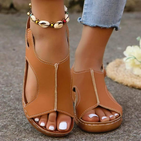 WIZUTIZ Wedge Sandals for Women Womens Dress Sandals Outdoor Comfort Elastic Beach Sandals Buckle Round Toe Shoes Low Heel (1"-2") Medium Solid Sandals for Ladies Mother's Day Gifts New Arrivals Brown