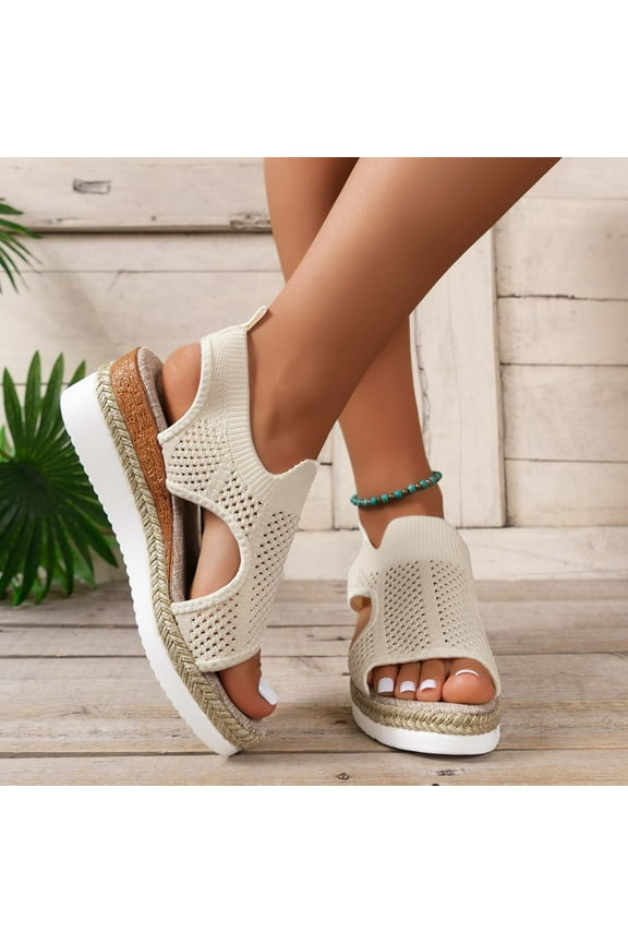 Wedge Sandals for Women Womens Dress Sandals Prom Comfort Elastic Beach Sandals Pull-On Round Toe Shoes Mid Heel (2"-3") Medium Solid Sandals for Ladies School Up to 60% Off Beige