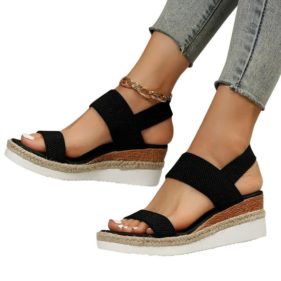 WIZUTIZ Wedge Sandals for Women Womens Sandals Comfort Dating Stretch Beach Sandals Buckle Round Toe Summer Shoes Low Heel (1"-2") Wide Solid Sandals for Ladies Party Items Black