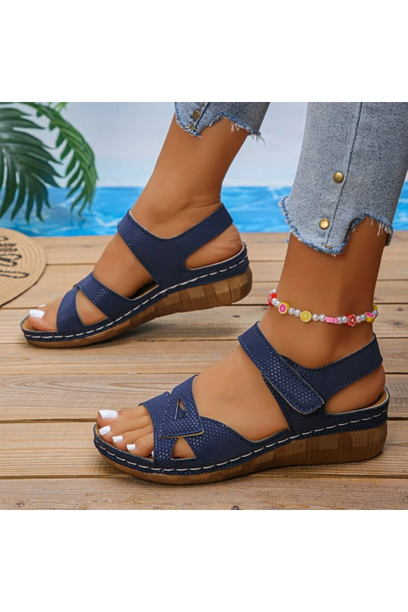 Wedge Sandals for Women Womens Sandals Comfortable Athletic Stretchy Hollow Out Sandals Pull-On Summer Shoes Flat Heel (O"-1) Wide Solid Sandals for Older Women Holiday Blue