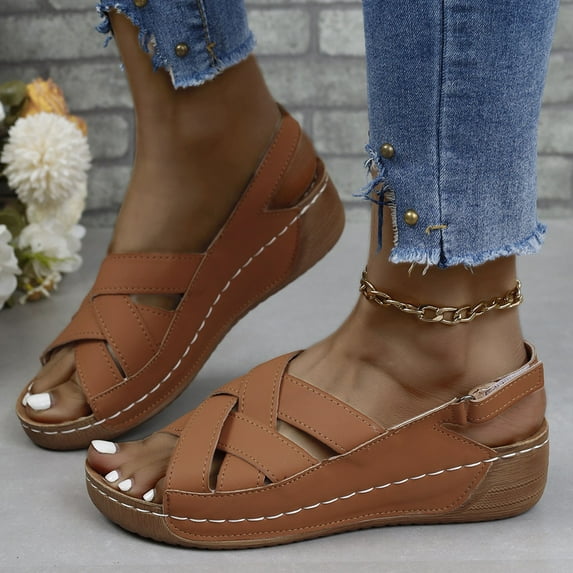 WIZUTIZ Wedge Sandals for Women Womens Sandals Comfortable Dressy Elastic Beach Sandals Buckle Round Toe Summer Shoes Mid Heel (2"-3") Wide Solid Sandals for Ladies Club Savings Brown