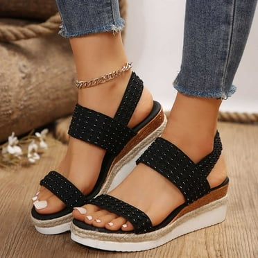 WIZUTIZ Wedge Sandals for Women Womens Sandals Dating Comfort Stretchy Beach Sandals Pull-On Round Toe Summer Shoes Mid Heel (2"-3") Wide Solid Sandals for Older Women Daily New Arrivals Black