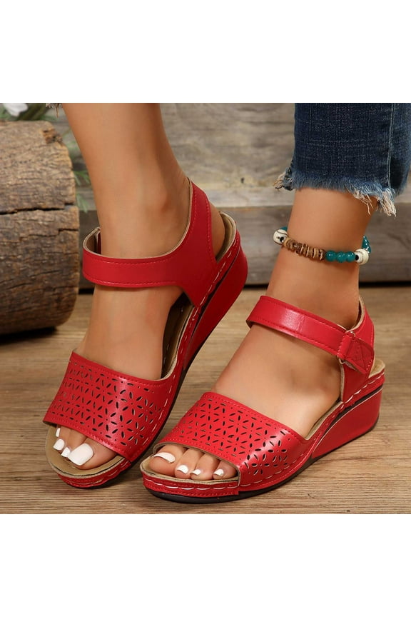 Wedge Sandals for Women Womens Sandals Retro Comfortable Elastic Hollow Out Sandals Buckle Round Toe Summer Shoes Low Heel (1"-2") Wide Solid Sandals for Older Women Party Free Shipping Red
