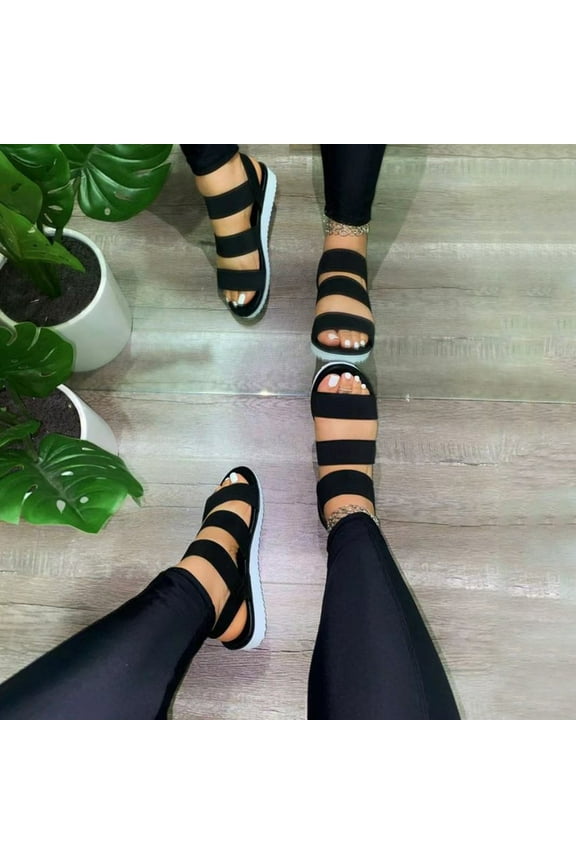 Wedge Sandals for Women Womens Sandals Workout Comfort Stretchy Beach Sandals Pull-On Round Toe Summer Shoes Low Heel (1"-2") Medium Solid Sandals for Lady Weekend Holiday Gift Finder Black