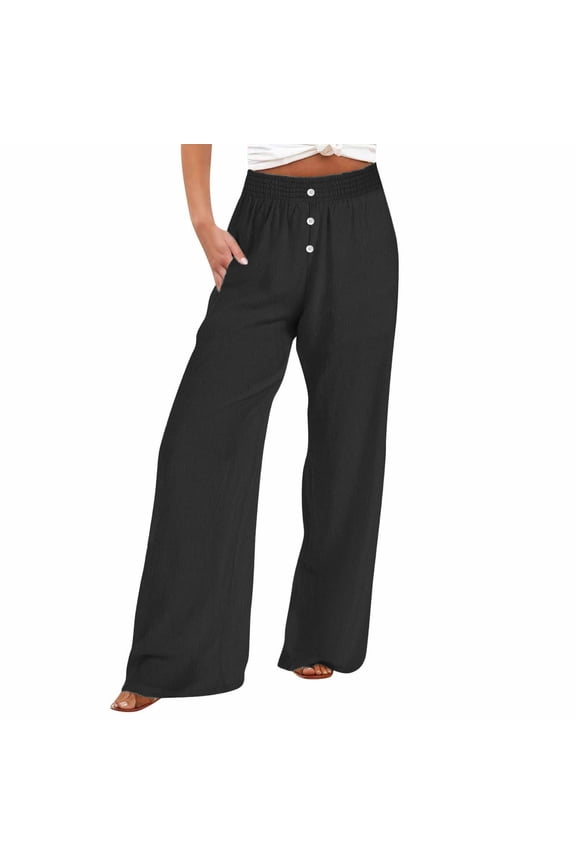 Wide Leg Pants Woman Lightweight Relaxed Loose Wide Leg Sweatpants Stretch Elastic High Waist 7/8 Length Palazzo Pants Solid Button with Pockets Trousers for Lady Gym Vacation Black