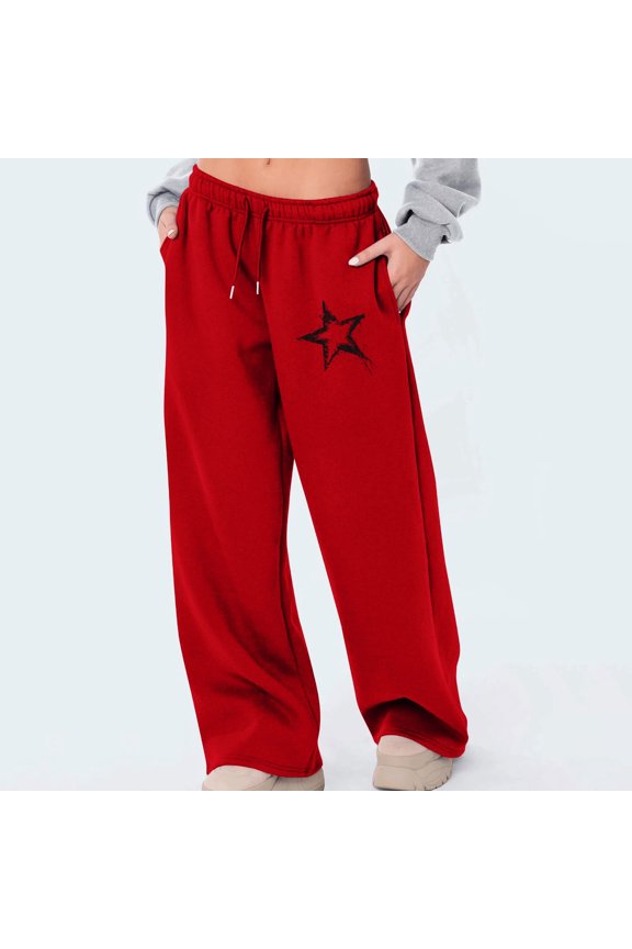 Wide Leg Pants Woman Retro Leisure Relaxed Fit Wide Leg Sweatpants Stretch Elastic High Rise Full Length Pants Star Print Drawstring with Pockets Sweatpants for Teen Girls Fitness Date Red