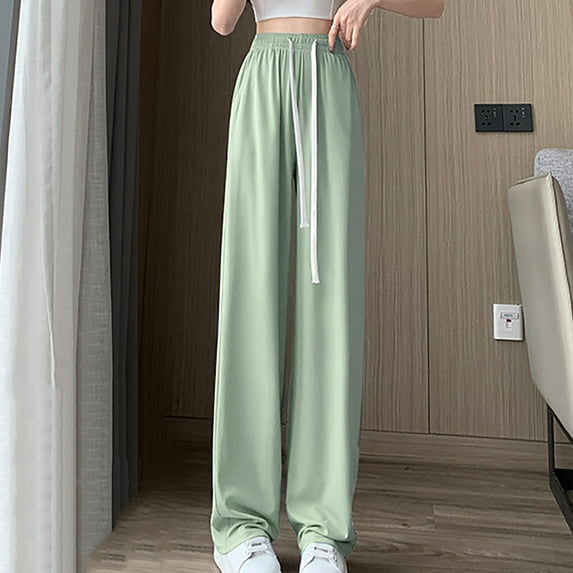 WIZUTIZ Wide Leg Pants Woman Soft Trendy Loose Wide Leg Summer Pants Elastic Stretch High Waist 7/8 Length Summer Pants Solid Drawstring with Pockets Trousers for Ladies Office Graduation Green