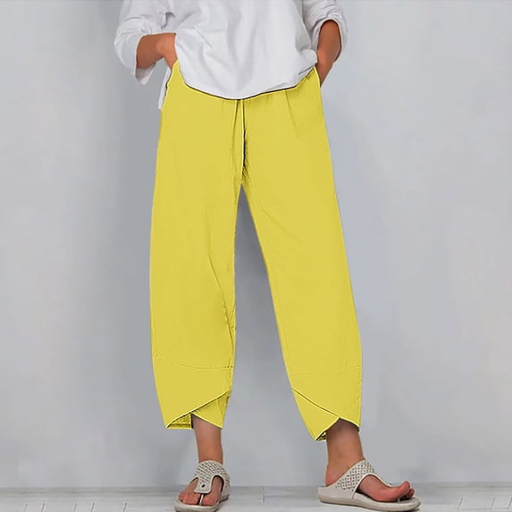 WIZUTIZ Wide Leg Trousers Women Long Ultra Thin Stylish Relaxed Fit Wide Leg Pants Elastic Stretch High Rise Trousers Solid Asymmetrical Cropped Slacks Pants Athletic Beach Yellow