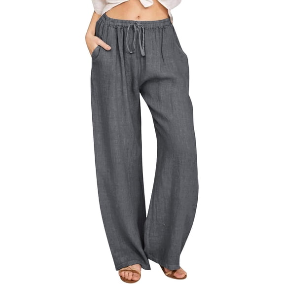 WIZUTIZ Wide Leg Trousers Women Tall Plus Size Stylish Loose Wide Leg Pants Elastic Spandex High Rise Trousers Solid Drawstring with Pockets Summer Pants Tiktok Trend Items Birthday Gray