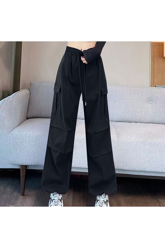 Wide Leg Trousers Women Tall Soft Trendy Relaxed Fit Wide Leg Pants Spandex Elastic High Waist Sweatpants Solid Drawstring Cargo Pants with Pockets Slacks Pants Business Swimming Pool Black