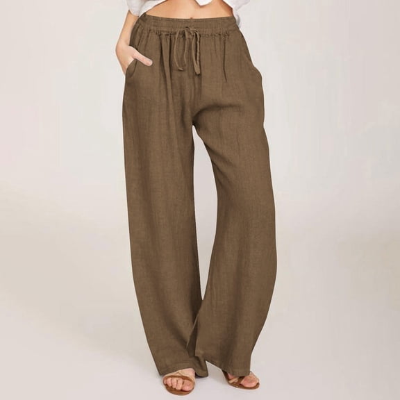WIZUTIZ Womans Dress Pants Classic Leisure Baggy Wide Leg Palazzo Pants Stretch Elastic High Rise Palazzo Pants Solid Drawstring with Pockets Beach Pants Dance Birthday Brown