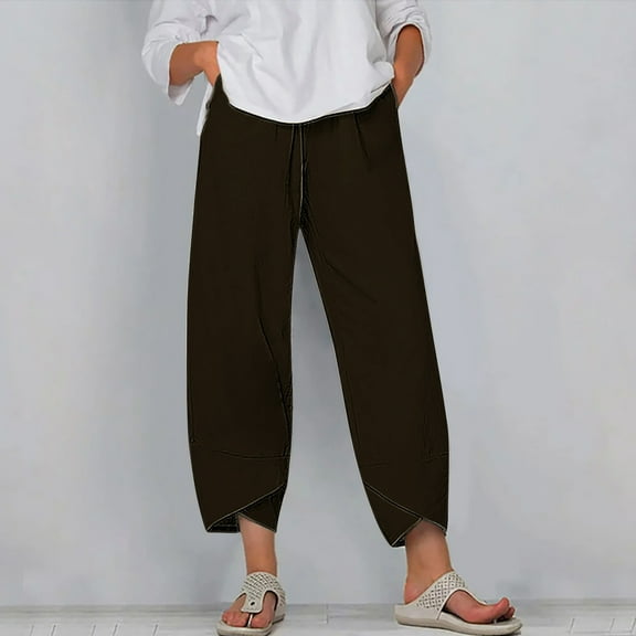 WIZUTIZ Womans Dress Pants Classic Leisure Loose Wide Leg Summer Pants Stretch Elastic High Waist 7/8 Length Slacks Pants Solid Asymmetrical Cropped Trousers for Lady Hiking Outdoor Brown