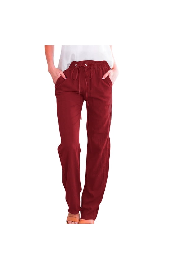 Womans Dress Pants Lightweight Relaxed Loose Wide Leg Palazzo Pants Spandex Elastic High Rise 7/8 Length Slacks Pants Solid Drawstring with Pockets Slacks Pants for Lady Business Outdoor Red