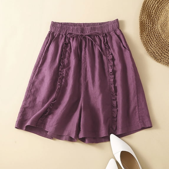 WIZUTIZ Women Bermuda Shorts Long Wide Leg Leisure Active Baggy Shorts High Waist Solid Trousers Knee-Length with Pockets Ruffled Drawstring Shorts for Lady Trendy Party Purple Linen