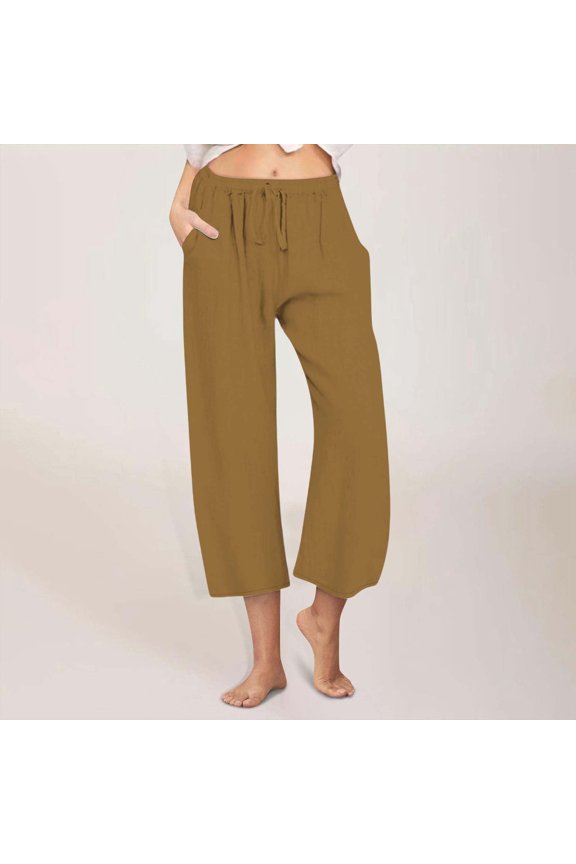 Women Capri Pants for Summer Plus Size Relaxed Loose Wide Leg Sweatpants Elastic Stretch Mid Rise Cropped pants Solid Drawstring with Pockets Cropped pants Business Outdoor Gold