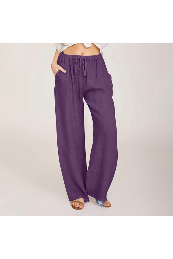 Women Dress Pants Oversized Stylish Loose Wide Leg Beach Pants Spandex Elastic High Rise 7/8 Length Dress Pants Solid Drawstring with Pockets Slacks Pants for Ladies Running Date Purple